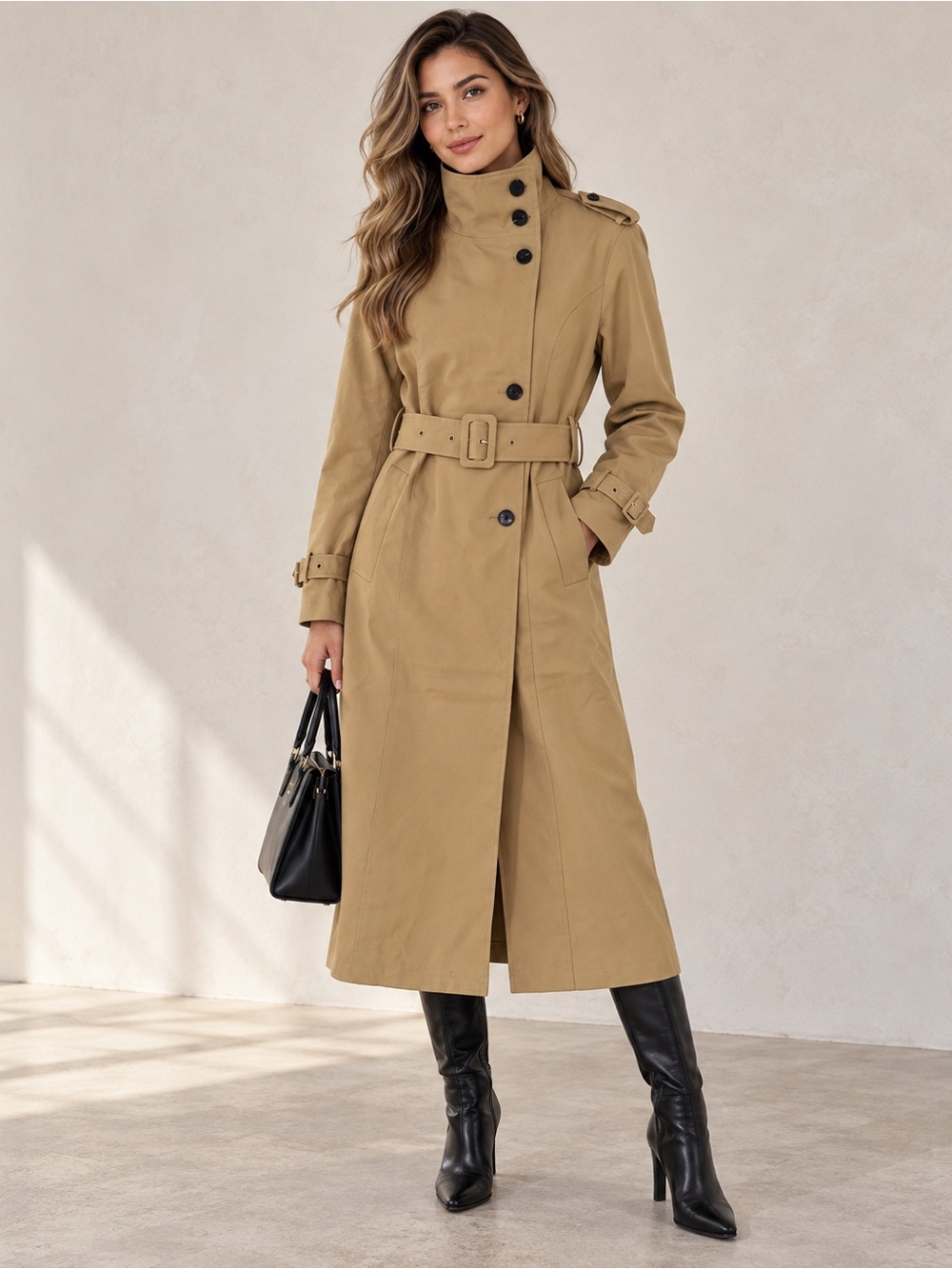 Avec Les Filles Tan Belted Long Trench Coat